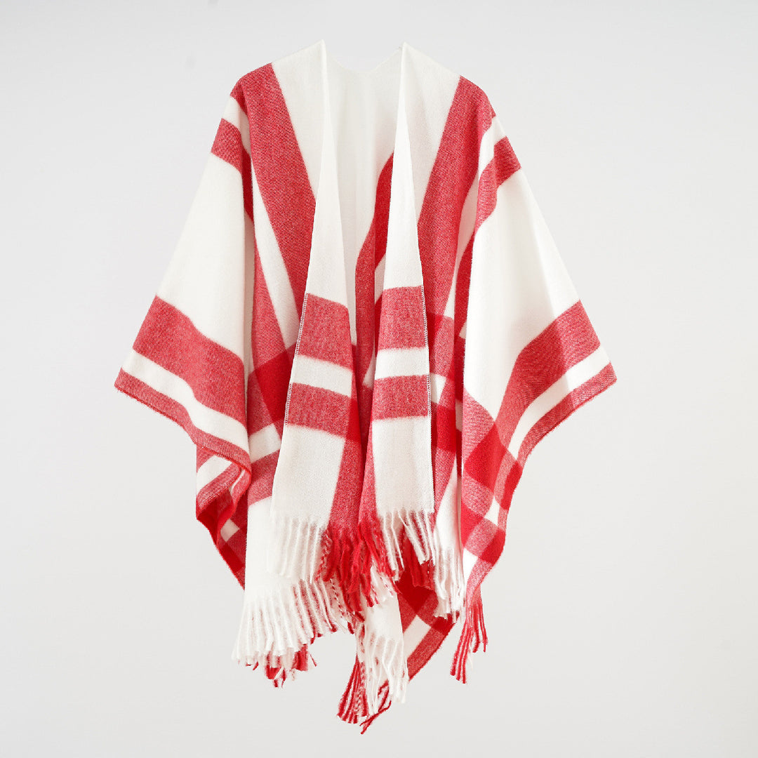 Damen Weichfallender Capeponcho aus Wollmix mit Blockkaro und Fransensaum Shop Nory