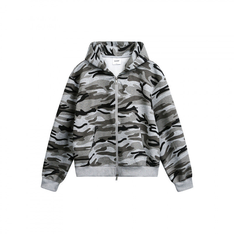 Unisex Kapuzenjacke mit Camouflage-Muster, durchgehendem Reißverschluss und Kängurutaschen Shop Nory