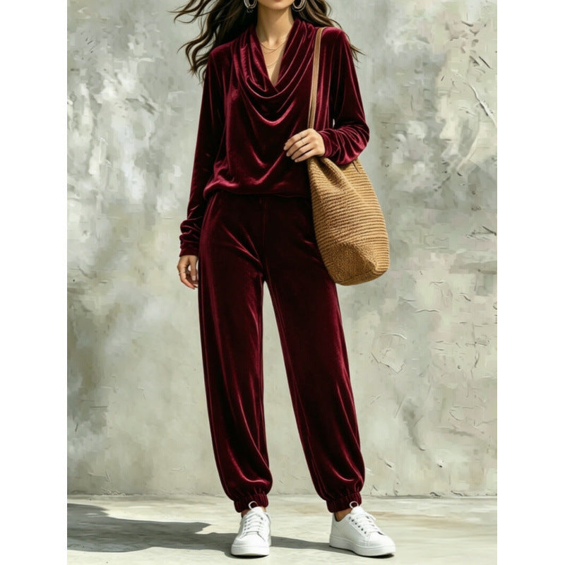 Damen Samt-Lounge-Set mit Wasserfallkragen und Jogger-Hose Shop Nory
