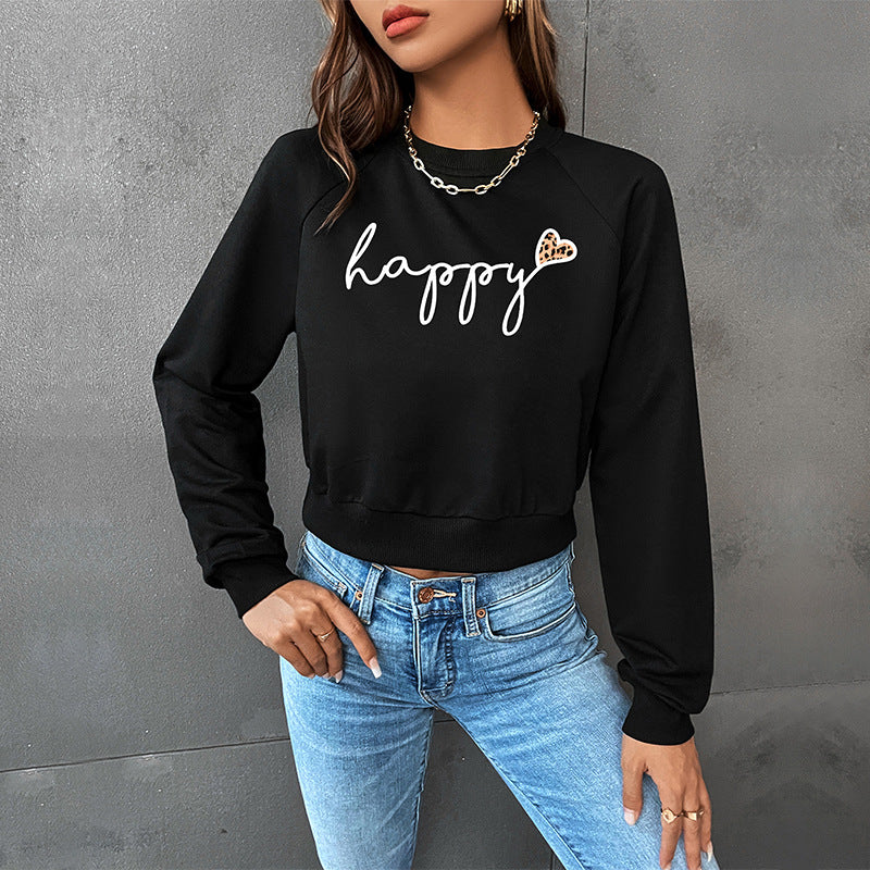 Damen Cropped-Sweatshirt mit Script-Print, Herz-Applikation und Raglanärmeln Shop Nory