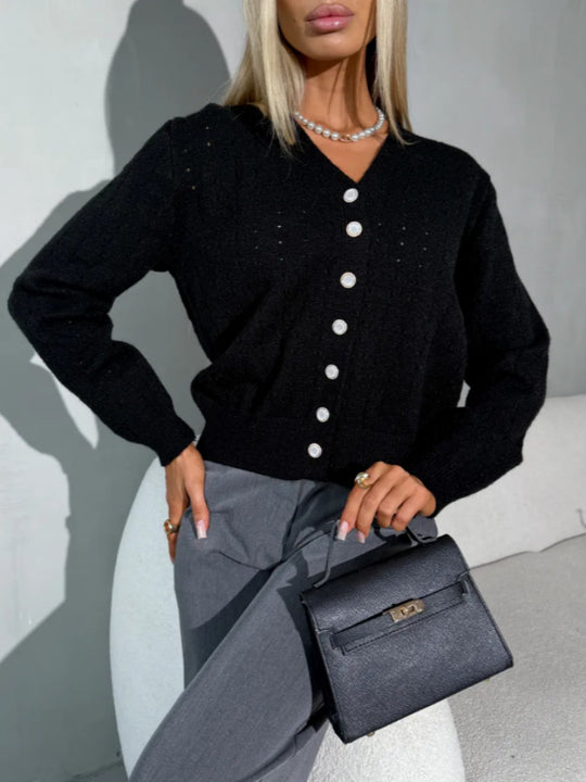 Damen Modische Strickjacke mit V-Ausschnitt und Knopfdetail Shop Nory