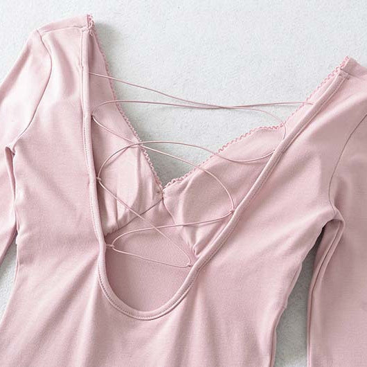 Damen Figurbetontes Langarm-Top mit tiefem V‑Ausschnitt, gekreuzten Spaghettiträgern und Spitzenkante Shop Nory