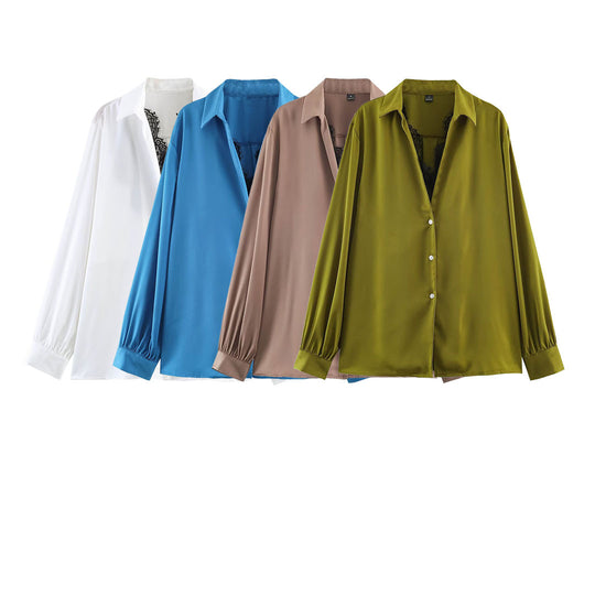 Damen Seidige Oversize-Bluse mit Spitzeneinsatz und Hemdkragen Shop Nory