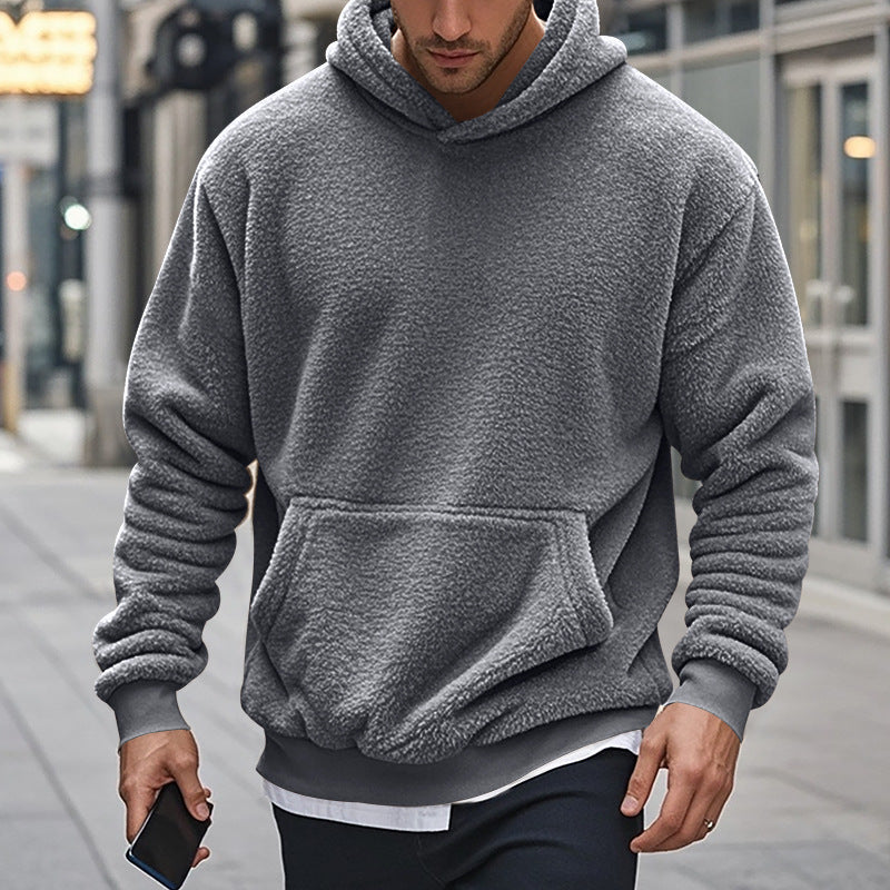 Herren Hoodie aus kuscheligem Teddy-Fleece mit Kängurutasche und breiten Bündchen