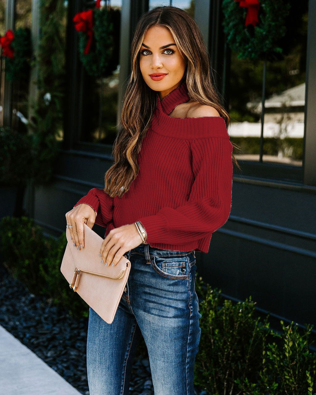 Damen Gerippter Cropped-Strickpullover mit Stehkragen und Schultercutout Shop Nory