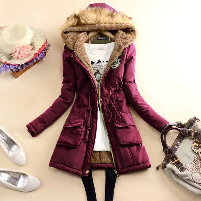 Damen Gefütterter Parka mit Kunstfellkapuze und Kordelzug-Taillierung Shop Nory