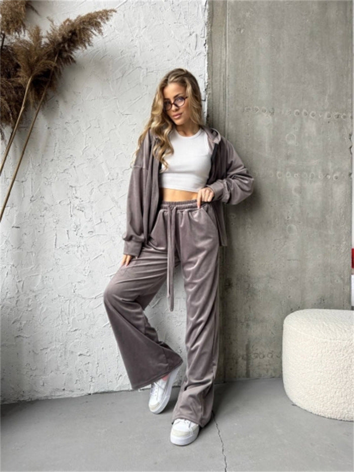 Damen weicher Velours-Trainingsanzug mit Kapuze, Reißverschluss und weitem Bein Shop Nory