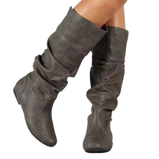 Damen Schlupfstiefel mit gerafftem Schaft und flacher Keilsohle Shop Nory