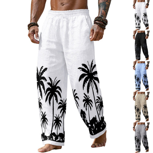 Herren Lässige weite Leinenhose mit elastischem Bund und tonalem Palmenprint Shop Nory