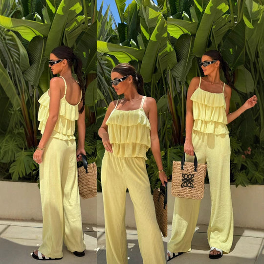 Damen Plissee-Volant-Cropped-Top mit Spaghettiträgern und weitem High-Waist-Hose-Set Shop Nory