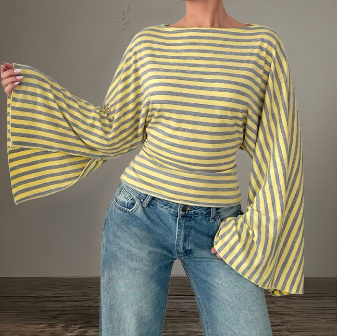 Damen Gestreiftes Shirt mit Carmenausschnitt, taillierter Silhouette und Trompetenärmeln Shop Nory