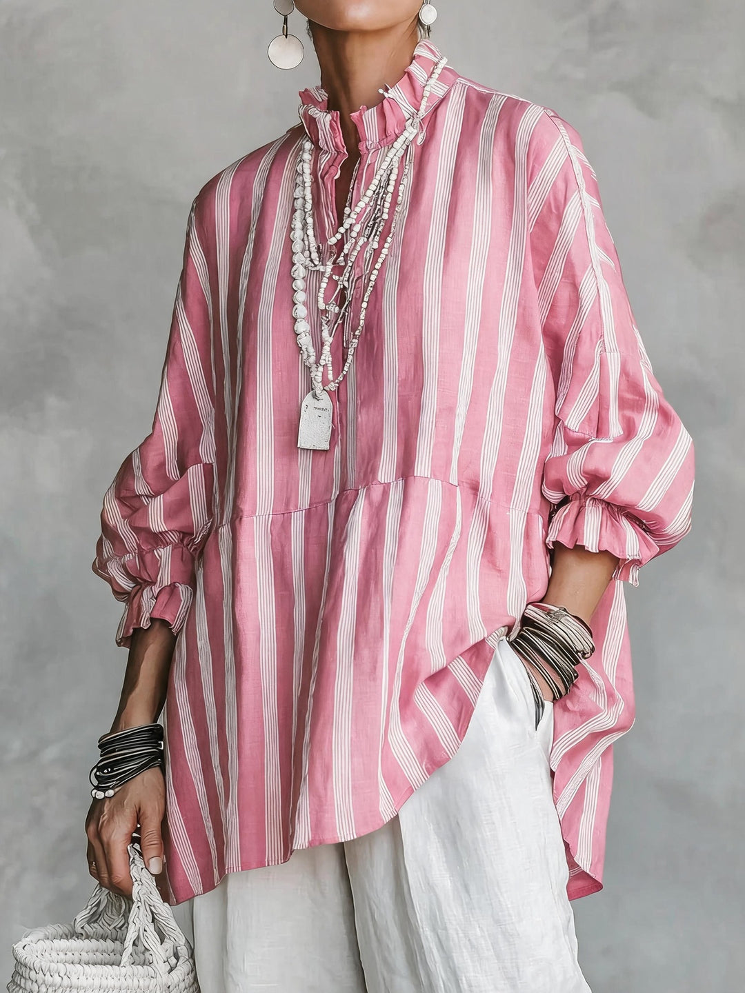 Damen Gestreifte Oversize-Tunika mit Stehkragen und Ballonärmeln Shop Nory