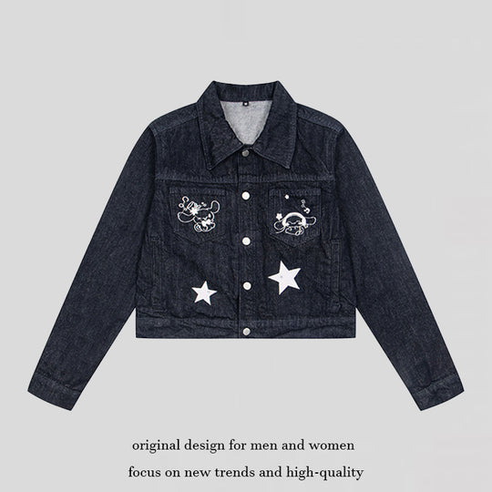 Damen Kurz geschnittene Jeansjacke mit Stern‑Applikationen und Cartoon‑Stickereien Shop Nory