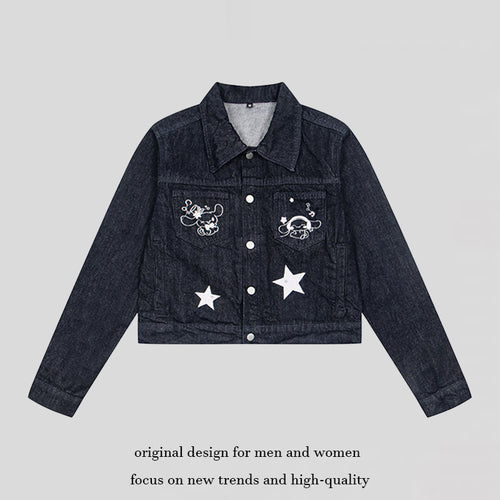 Damen Kurz geschnittene Jeansjacke mit Stern‑Applikationen und Cartoon‑Stickereien Shop Nory