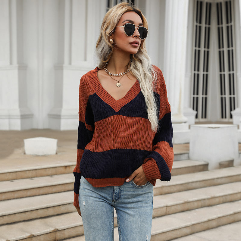 Damen Oversize-Chunky-Strickpullover mit schulterfreiem Fall, breiten Blockstreifen und geripptem Saum Shop Nory