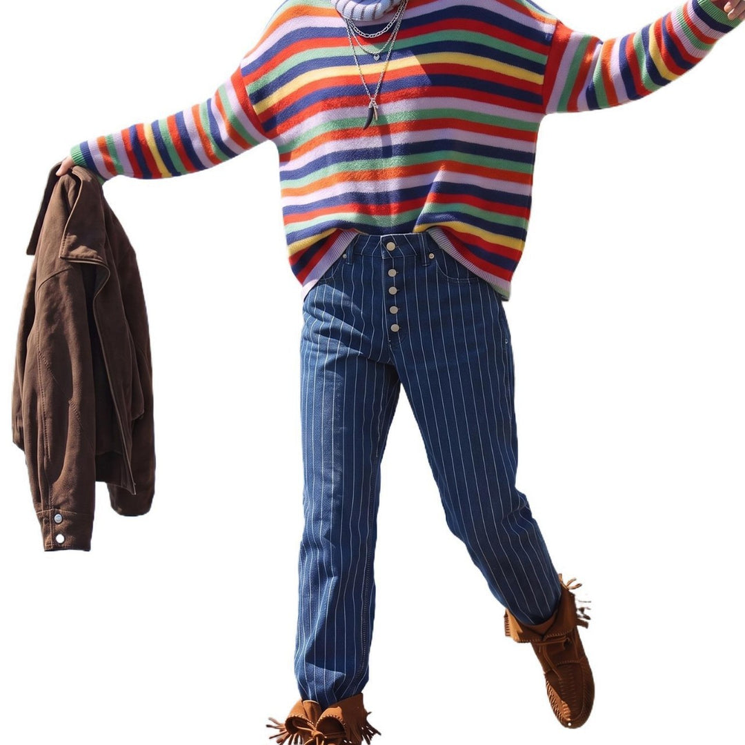 Damen Gestreifter Strickpullover mit Polokragen & Knopfleiste Shop Nory