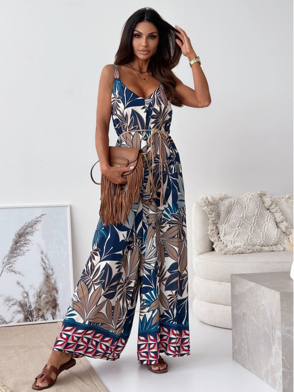 Damen Jumpsuit mit floralem Design und weit geschnittene Beinen