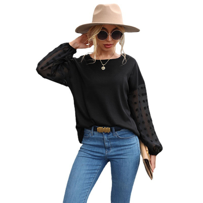 Damen Feinstrickpullover mit transparenten Chiffon-Ärmeln und Punktapplikationen Shop Nory