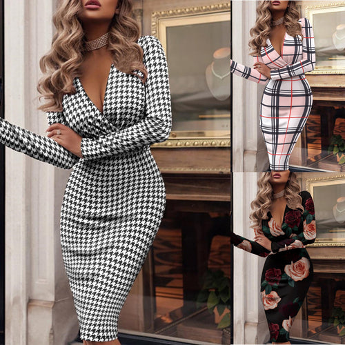 Damen Figurbetontes Wickel‑Midikleid mit tiefem V‑Ausschnitt und Rosenprint Shop Nory
