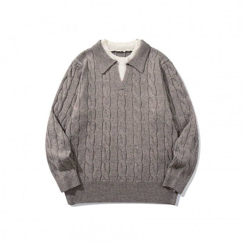 Herren Grobgestrickter Zopfmuster-Pullover mit Polokragen und V‑Ausschnitt Shop Nory