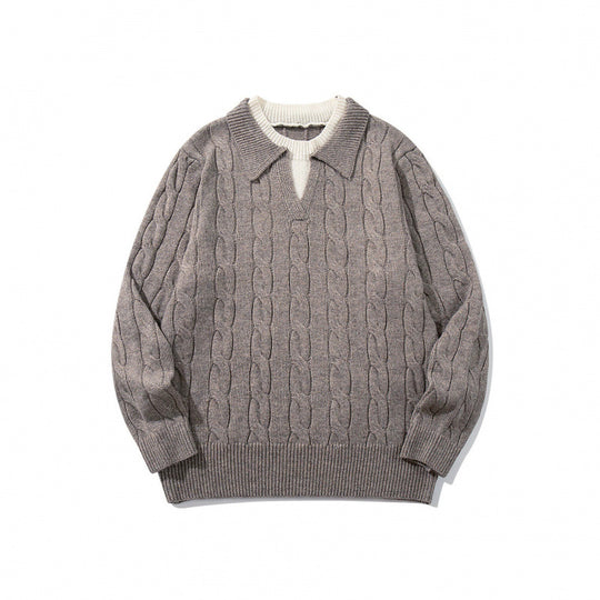 Herren Grobgestrickter Zopfmuster-Pullover mit Polokragen und V‑Ausschnitt Shop Nory