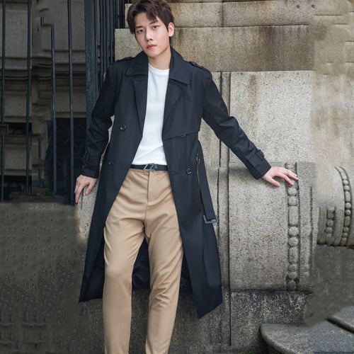 Herren langer doppelreihiger Trenchcoat mit Sturmklappe und D-Ring-Details Shop Nory