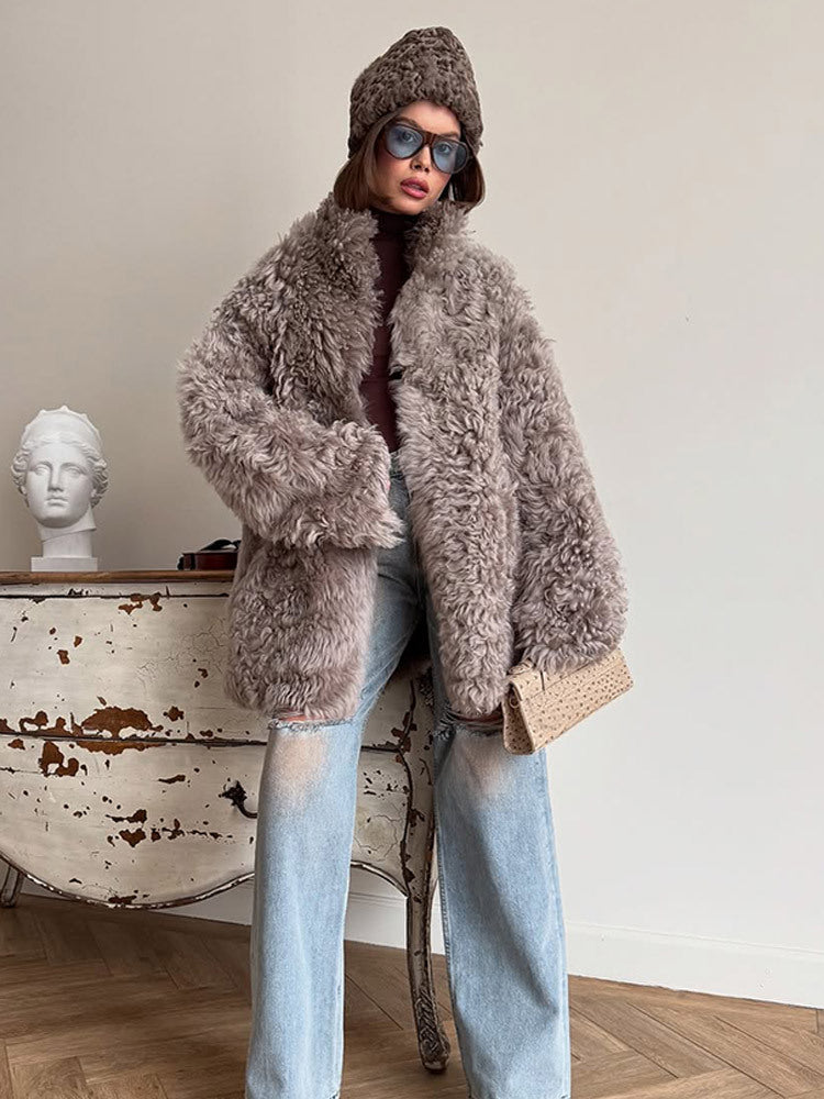 Damen Oversize Kunstfell‑Mantel mit lockiger Teddy‑Optik und weiter Boxy‑Silhouette Shop Nory