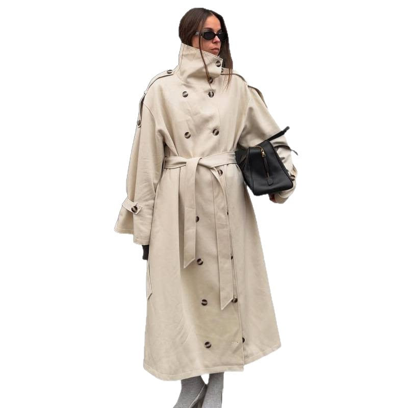 Damen Langer Oversized Trenchcoat mit hohem Stehkragen, Glockenärmeln und Bindegürtel Shop Nory