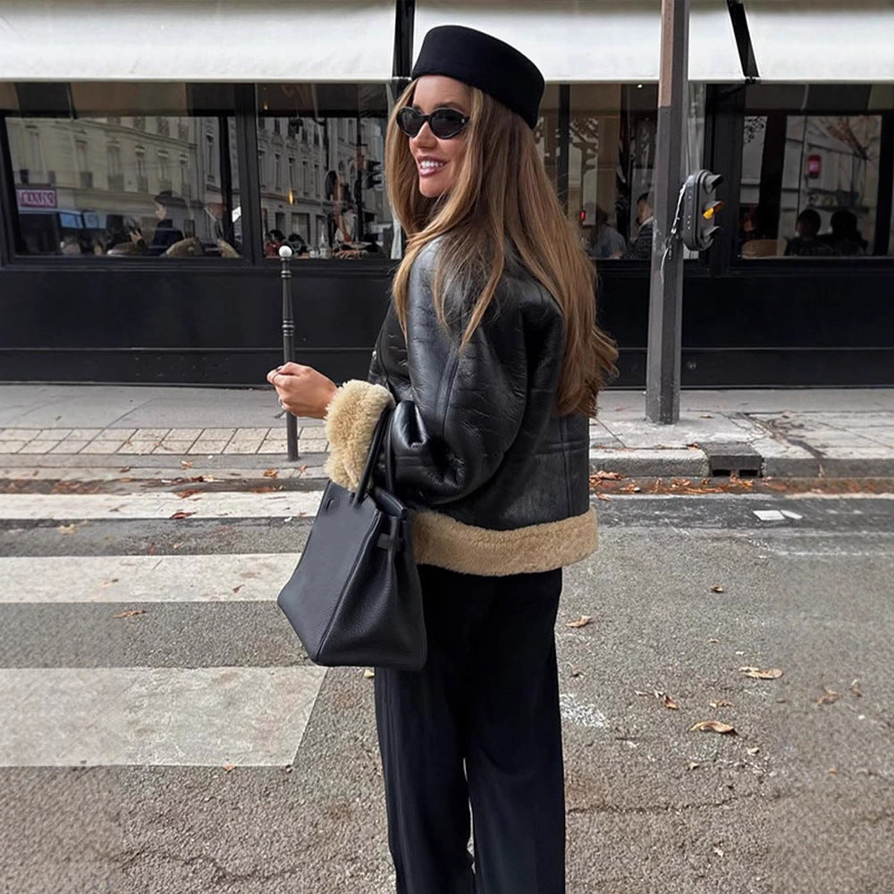 Damen Kurzjacke im Aviator‑Stil mit Teddy‑Innenfutter und doppelreihiger Druckknopffront Shop Nory