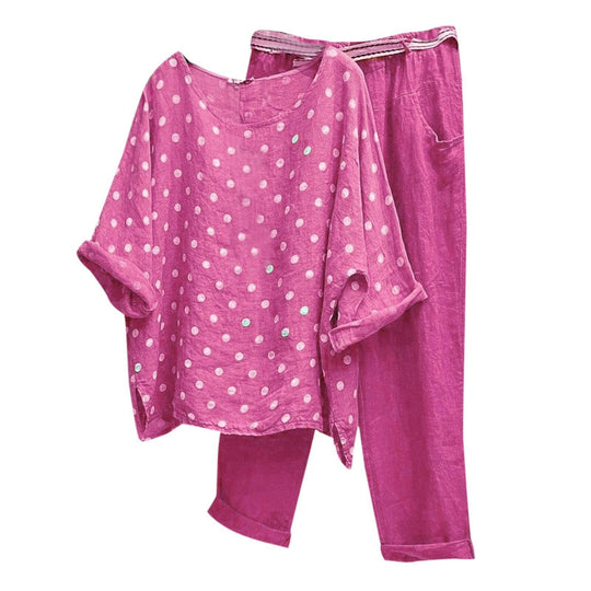 Damen Kombination aus leichten Rundhalsbluse mit Punkten und bequemen Hose