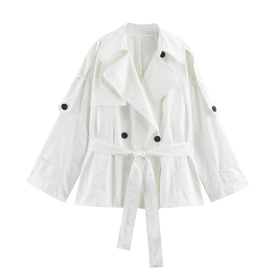 Damen Kurzer leichter Trench-Mantel mit Bindegürtel, überschnittenen Schultern und doppelter Knopfleiste Shop Nory