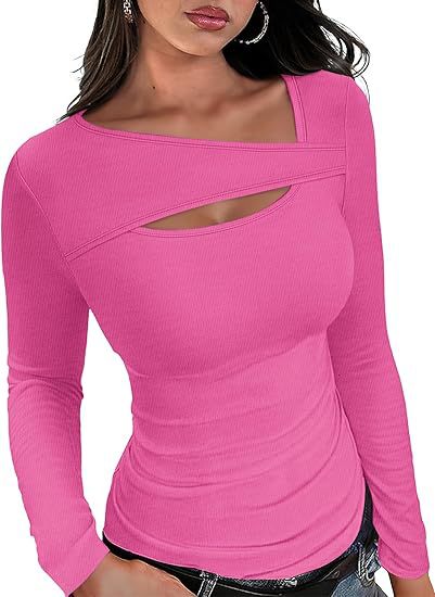 Damen Geripptes Langarmshirt mit asymmetrischem Carmenausschnitt und Brust-Cut-Out Shop Nory