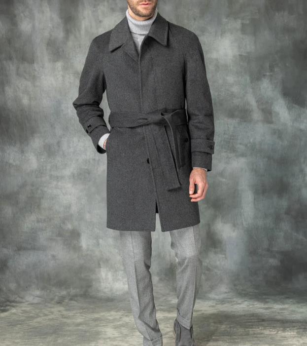 Herren Mantel mittellang aus Wollmix mit Bindegürtel und verdeckter Knopfleiste Shop Nory