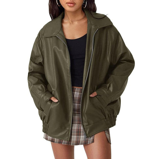 Damen Oversize Kunstleder Blouson mit Reißverschluss und elastischem Saum Shop Nory