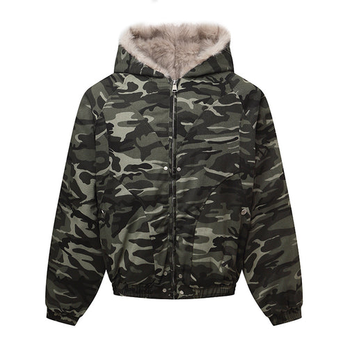 Unisex Wattierte Kapuzenjacke im Camouflagemuster mit Teddyfutter und elastischem Saum Shop Nory