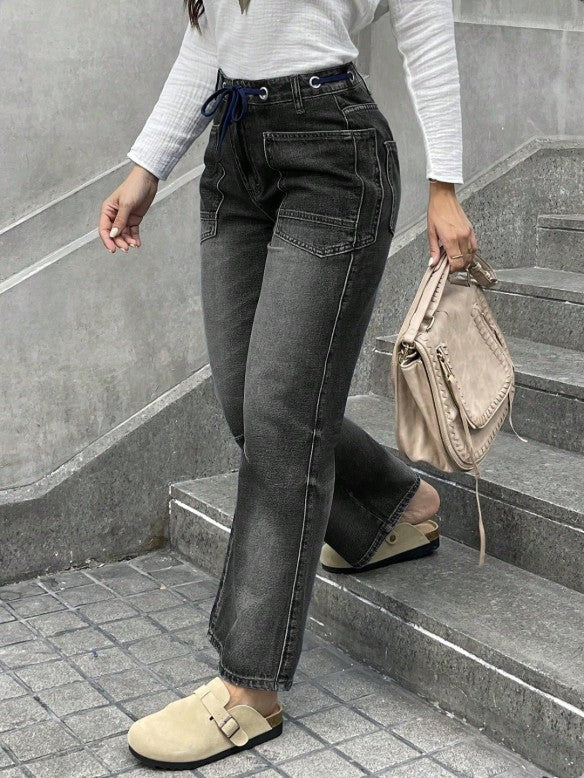 Damen Hochtaillierte Jeans mit geradem Bein, Tunnelzugbund und aufgesetzten Taschen Shop Nory