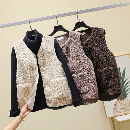 Damen Teddy-Fleece Weste mit Knopfleiste und Aufgesetzten Taschen Shop Nory