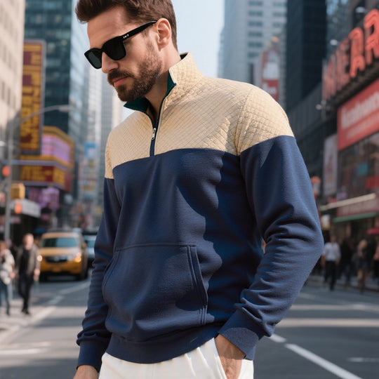 Herren Colorblock-Halbzip-Sweatshirt mit gesteppter Brustpartie, Kängurutasche und elastischen Bündchen Shop Nory