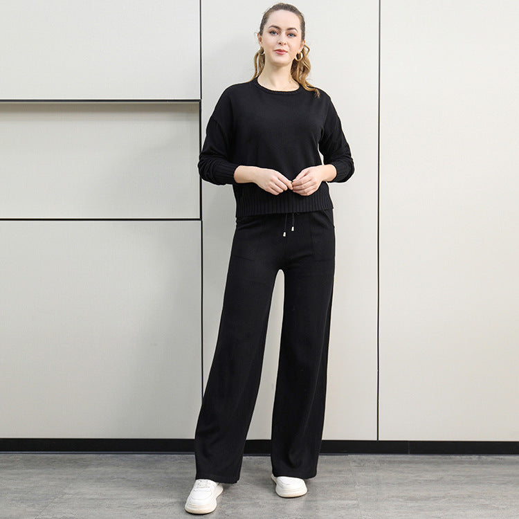 Damen gemütliches Strick-Loungewear-Set mit weitem Schnitt und praktischen Taschen Shopnory