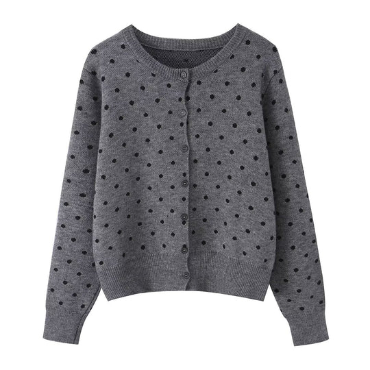 Damen Kurz geschnittene fein gestrickte Cardigan mit Rundhalsausschnitt, Knopfleiste und Allover‑Punktmuster Shop Nory