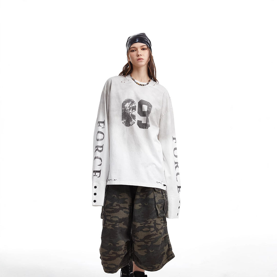 Herren Oversize-Longsleeve-Sweatshirt mit Print, verlängerten Manschetten und Used-Details Shop Nory