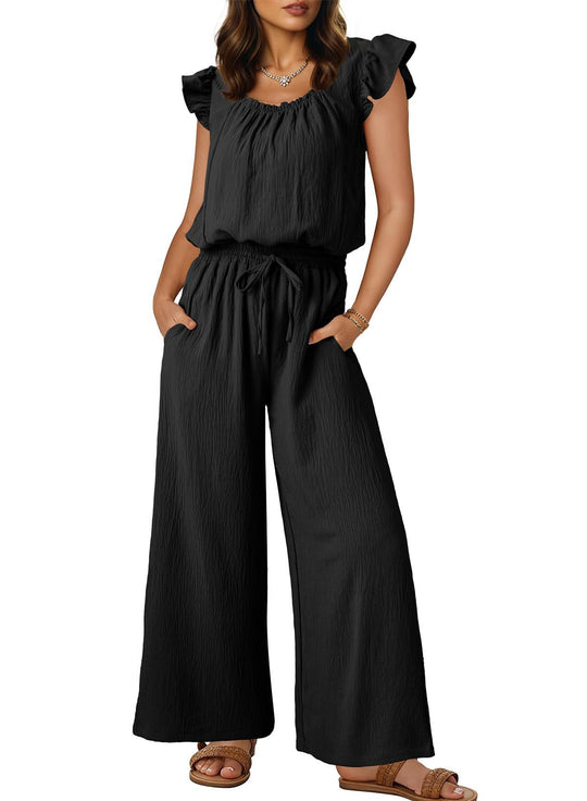 Damen Crinkle-Overall mit weitem Bein, elastischem Taillenbund und Rüschenärmeln Shop Nory