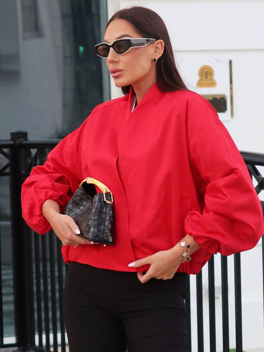 Damen kurz geschnittene Oversize-Wickeljacke mit Ballonärmeln Shop Nory