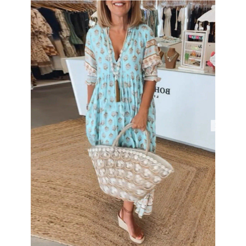 Damen Boho-Stil Kleid mit geflochtener Schnürung und handgefertigten Details