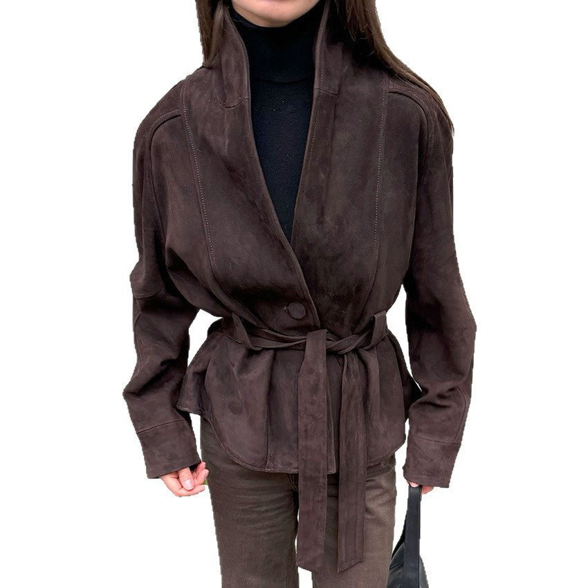 Damen Velourslederjacke mit Schalkragen und Bindegürtel Shop Nory