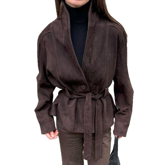 Damen Velourslederjacke mit Schalkragen und Bindegürtel Shop Nory