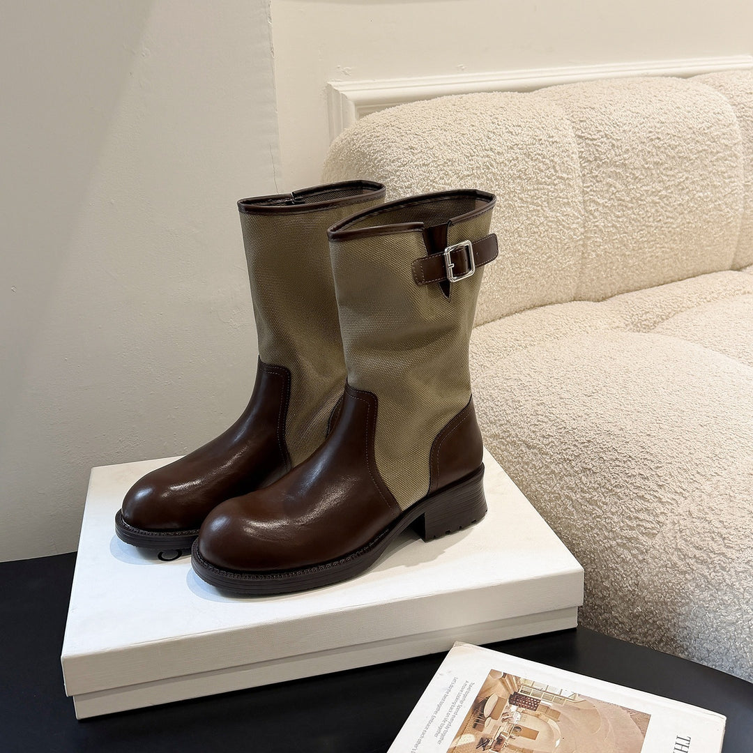 Damen Mid-Calf Stiefel aus Glattleder und Canvas mit Zier-Schnallenriemen Shop Nory