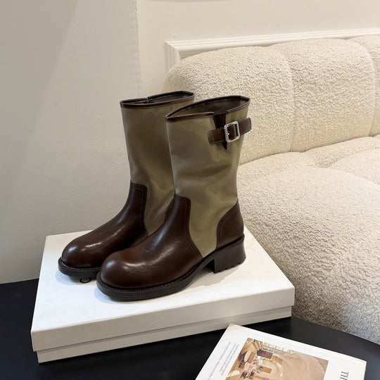 Damen Mid-Calf Stiefel aus Glattleder und Canvas mit Zier-Schnallenriemen Shop Nory