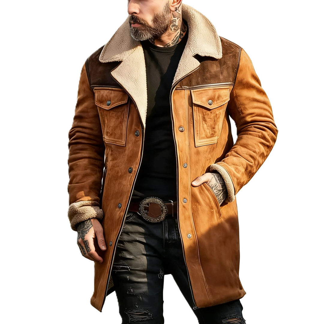 Herren Langer Veloursledermantel mit Teddyfutter und Pattentaschen Shop Nory