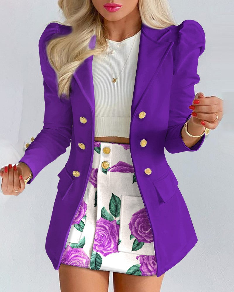 Damen Zweiteiliges karriertes Blazer- und Minirock-Set mit betonten Puffärmeln und goldenen Knöpfen Shop Nory